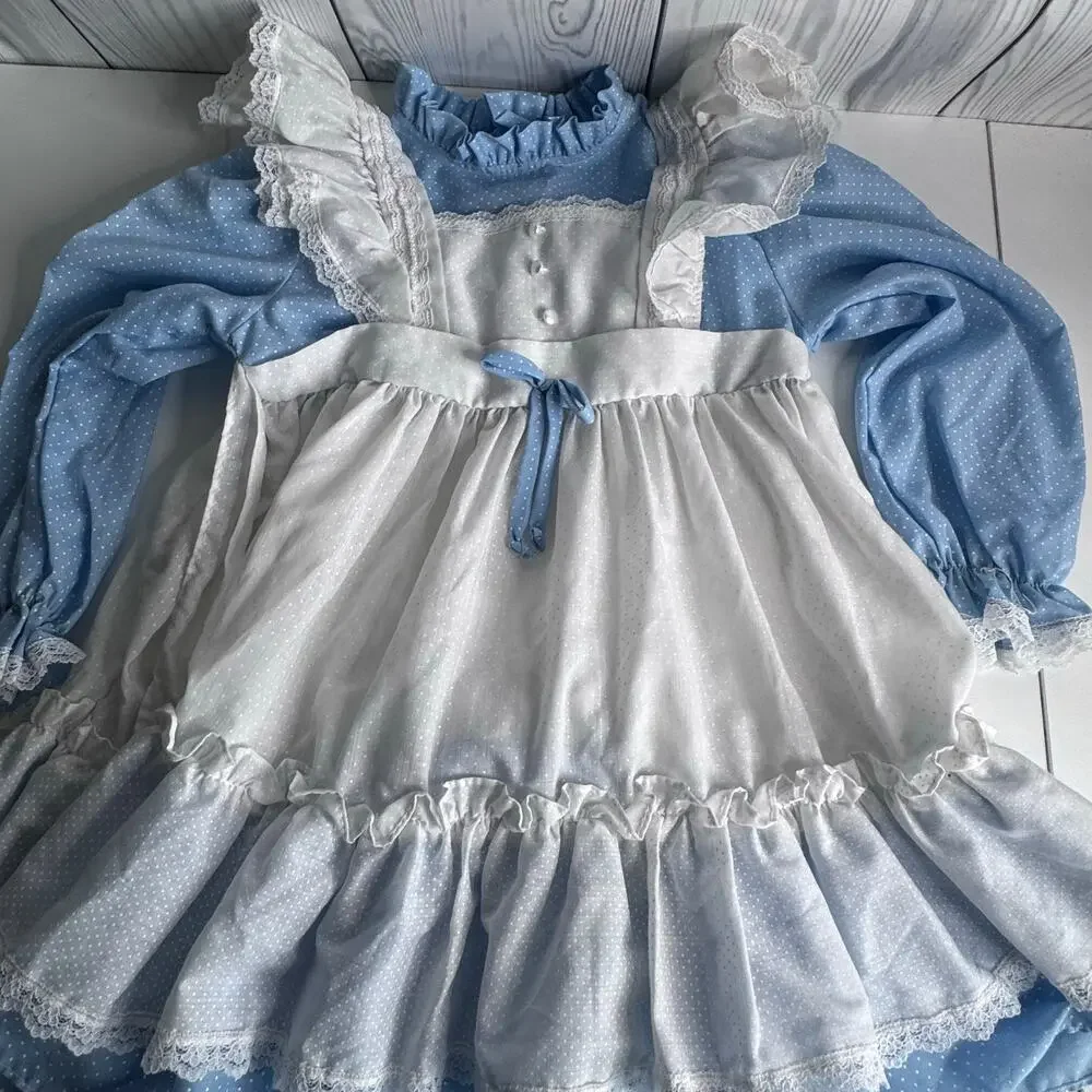 VTG Girls Prairie Dress Cottagecore Sz 5 Blue Apron Lace Alice Costume USA